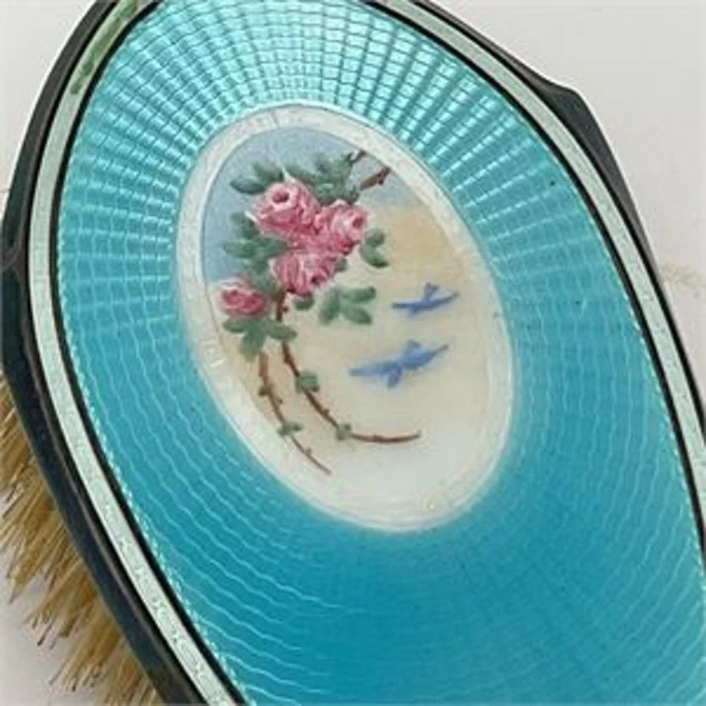 Foster & Bailey 1923 Guilloché Enamel & Sterling Silver Hair Brush & Crystal Jar